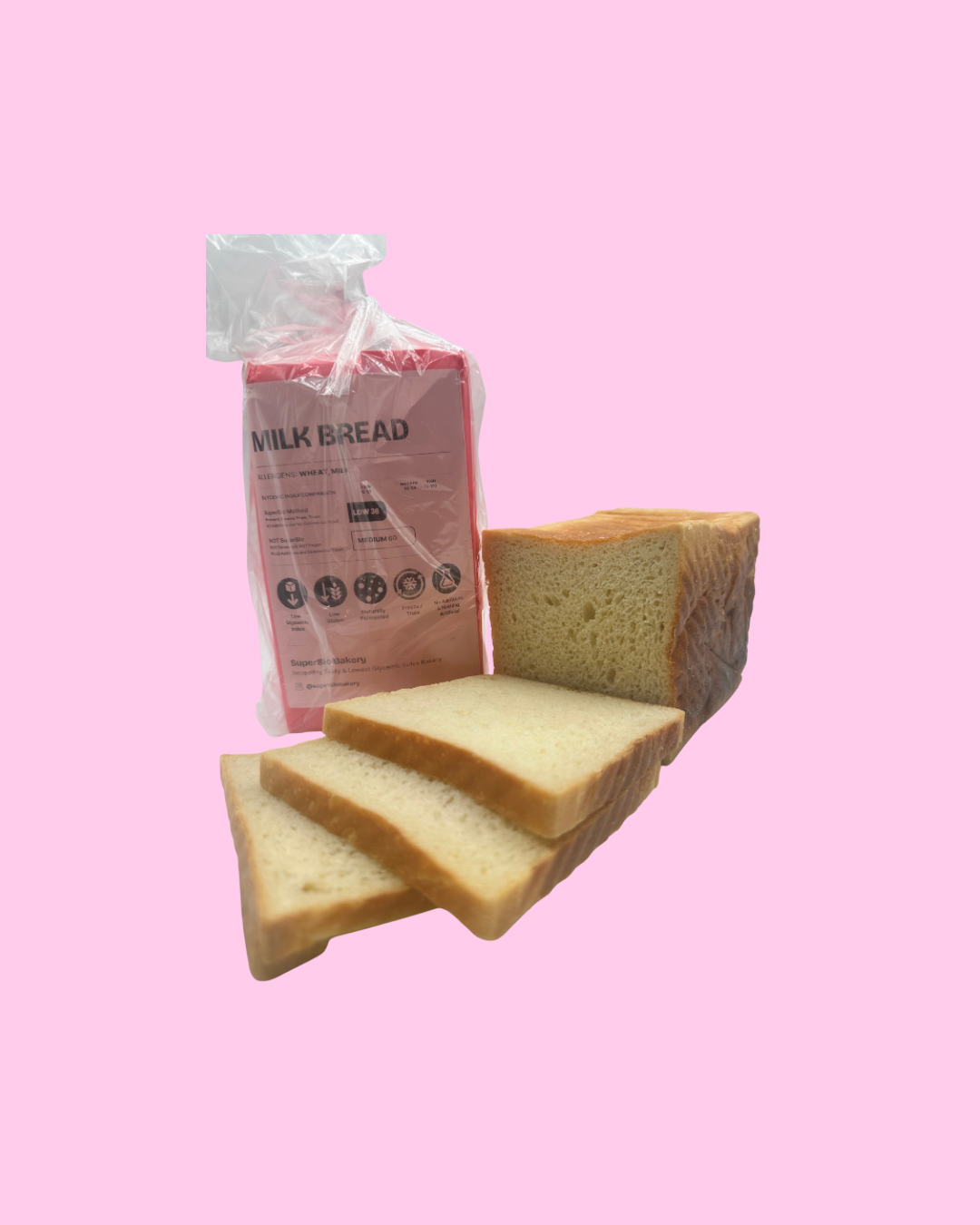 Fresh milk bread loaf from My Store, showing soft, fluffy texture with a golden crust on a wooden surface.