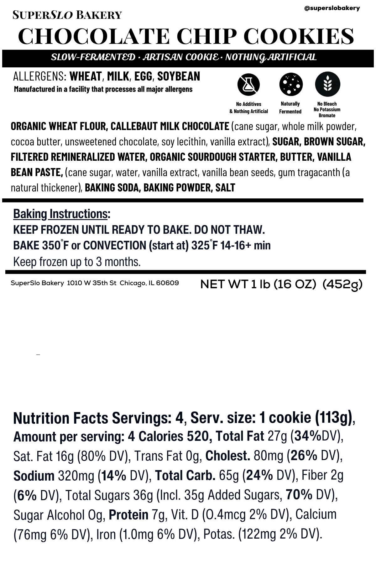Four frozen brown butter milk chocolate chip cookies from SuperSlo Bakery, showing golden-brown cookies with chocolate chips