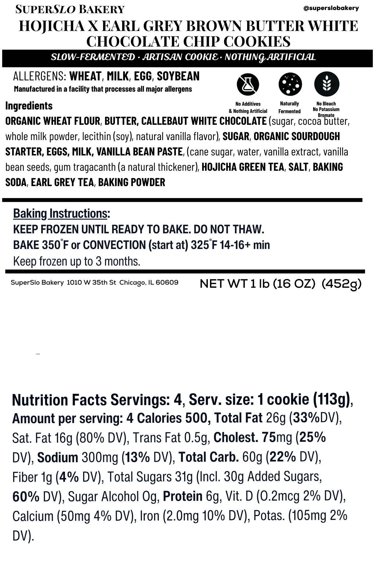Four brown butter white chocolate chip cookies with Hojicha and Earl Grey flavors from SuperSlo Bakery in a 4-pack.