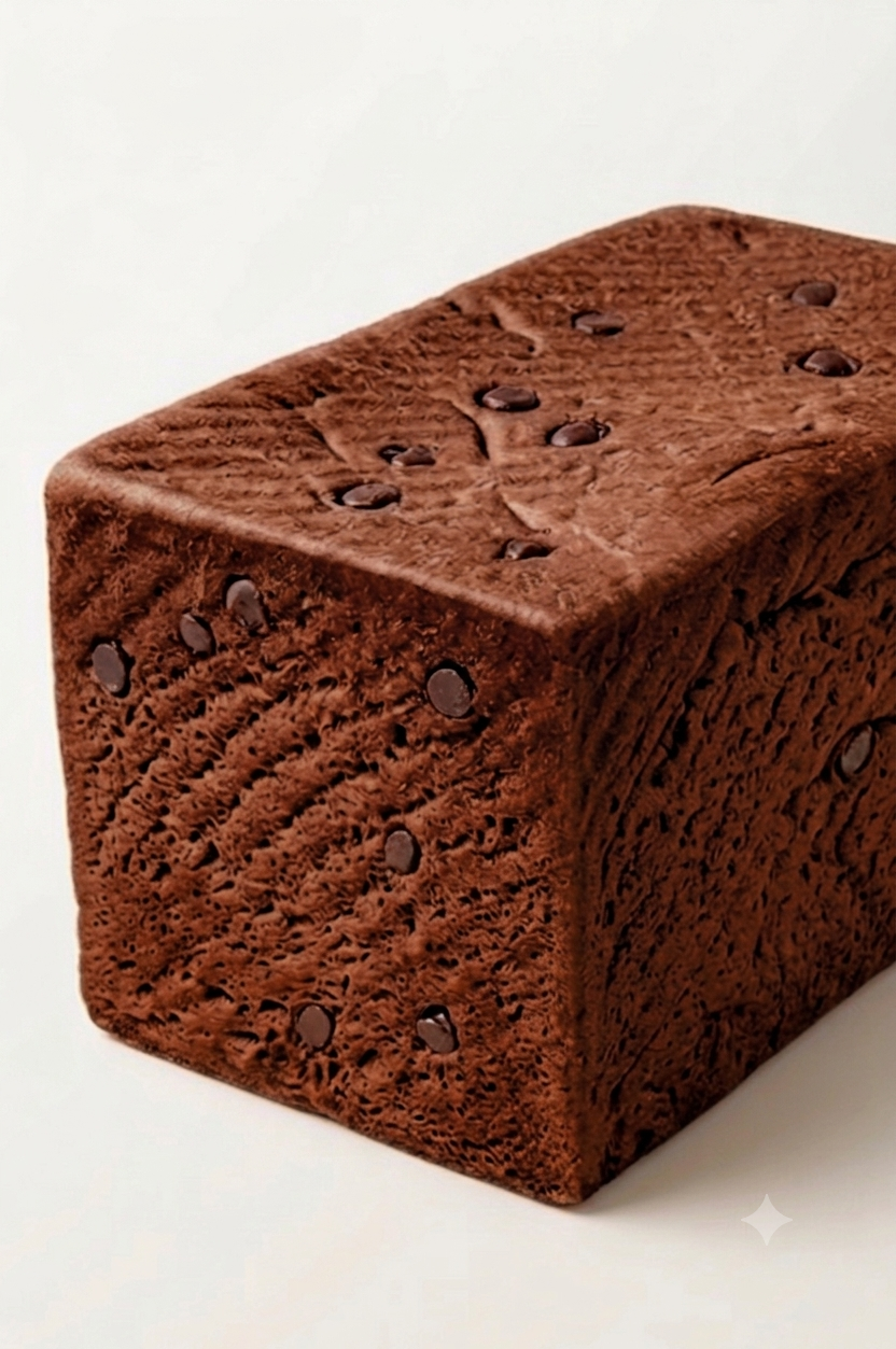 Slice of double chocolate milk bread from SuperSlo Bakery showing soft, chocolate-filled loaf with a golden crust.