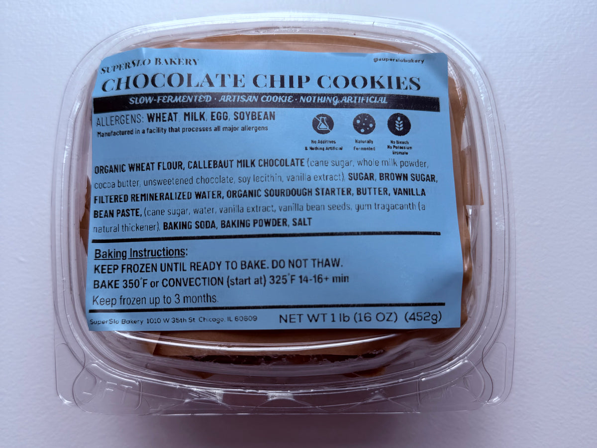 Four frozen brown butter milk chocolate chip cookies from SuperSlo Bakery, showcasing golden-brown cookies with chocolate chips.